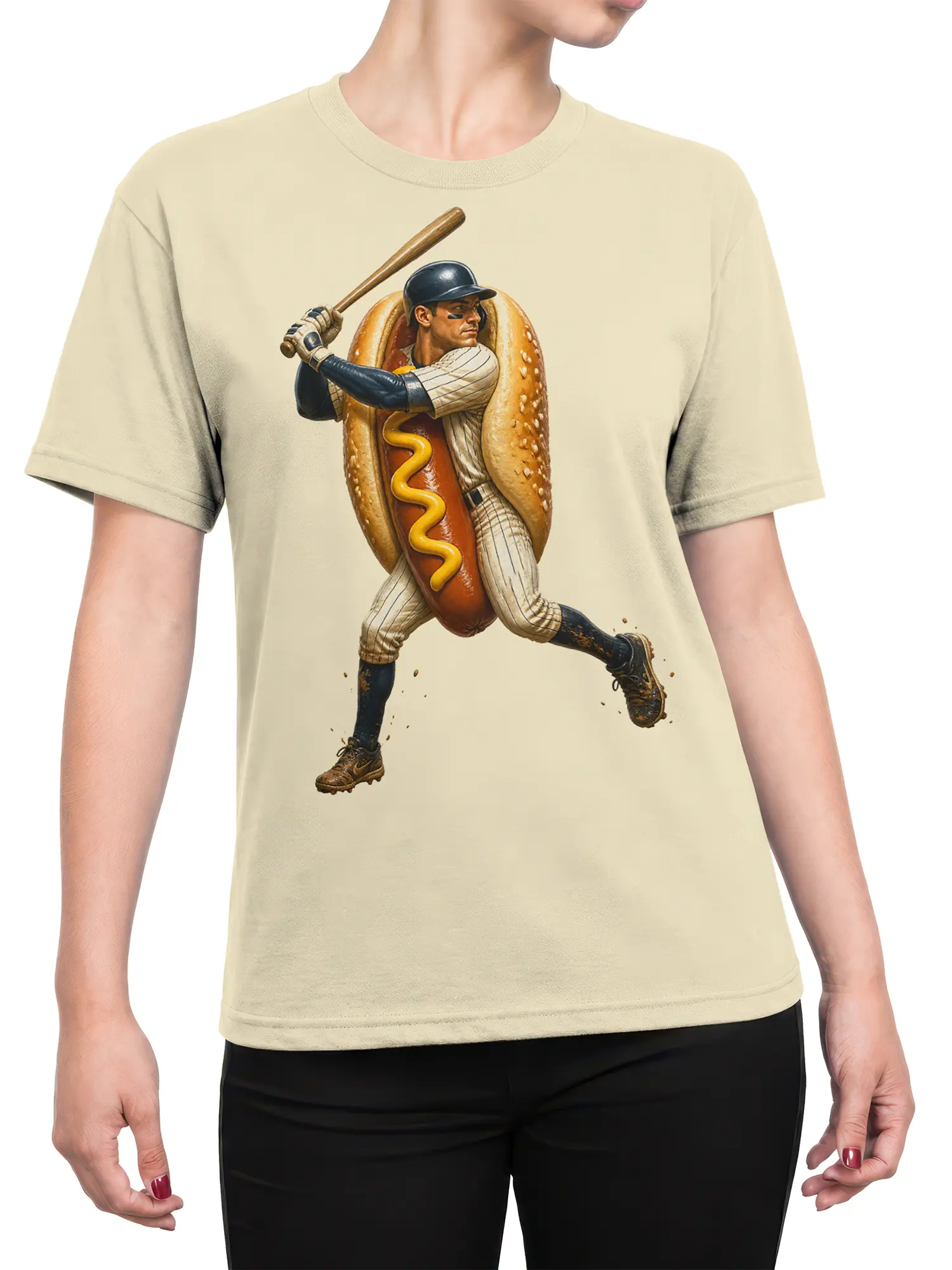 Female torso wearing a beige baseball t-shirt with a hot dog player swinging a bat