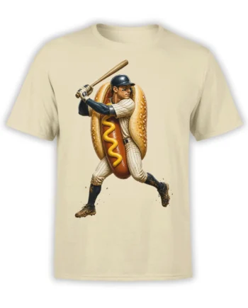 Beige baseball t-shirt featuring a player in a hot dog costume swinging a wooden bat