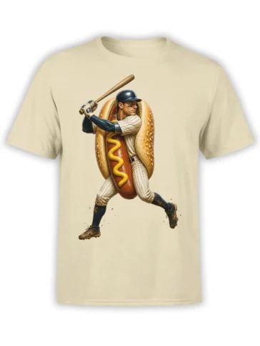 Beige baseball t-shirt featuring a player in a hot dog costume swinging a wooden bat