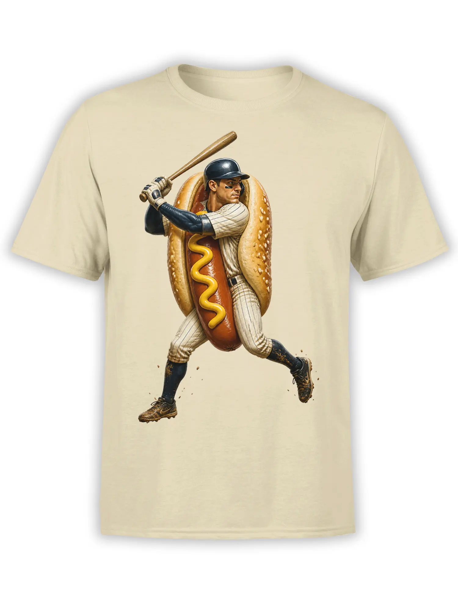 Beige baseball t-shirt featuring a player in a hot dog costume swinging a wooden bat