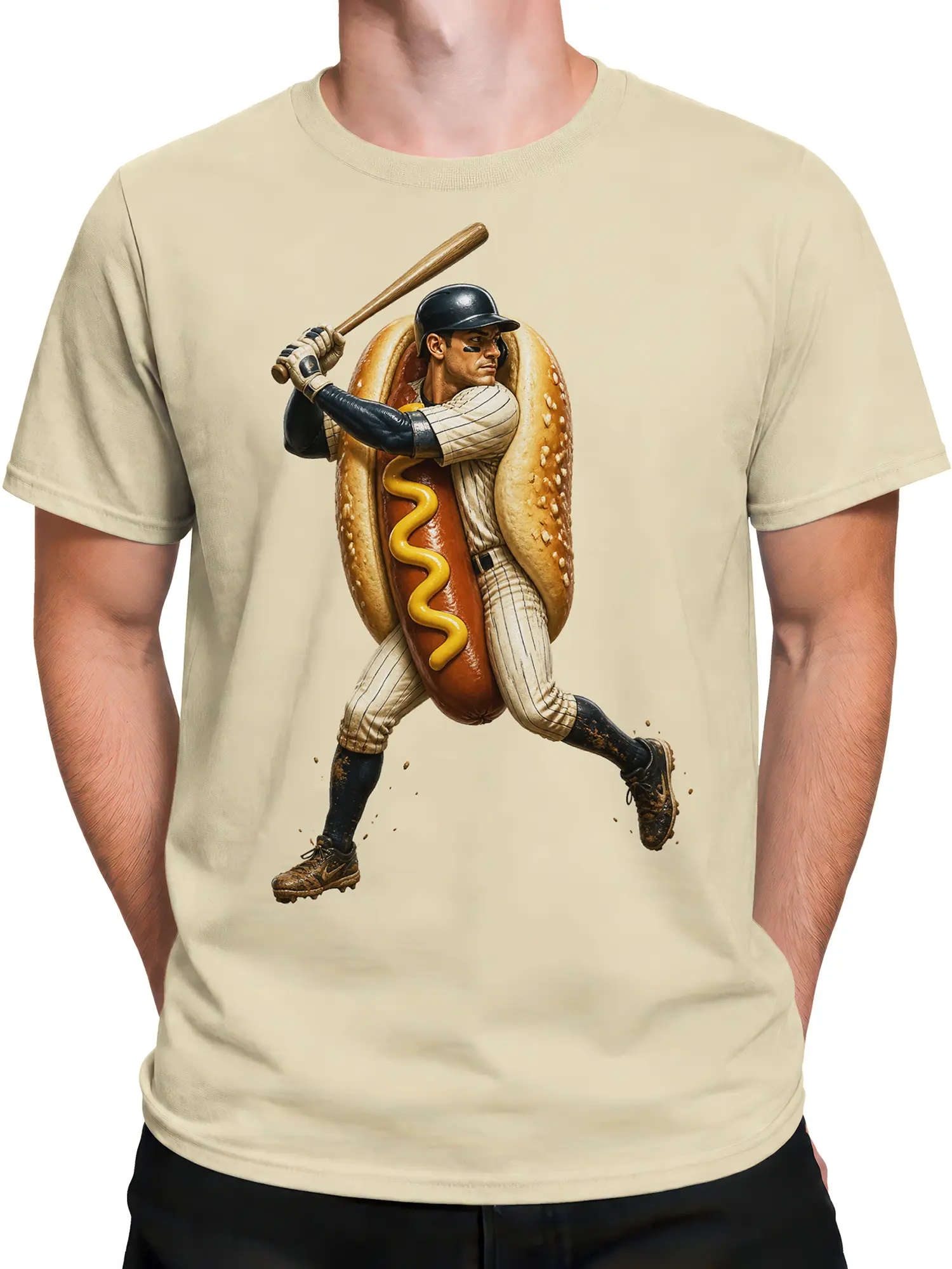 Male torso wearing a beige baseball t-shirt with a hot dog player and mustard detail