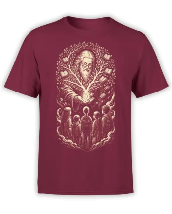 Vintage fantasy burgundy T-shirt with a bearded sage, open books, young readers, and a tree of knowledge