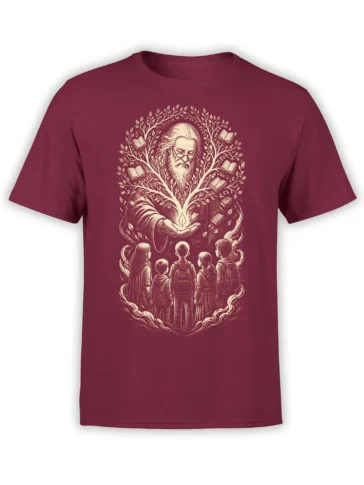 Vintage fantasy burgundy T-shirt with a bearded sage, open books, young readers, and a tree of knowledge
