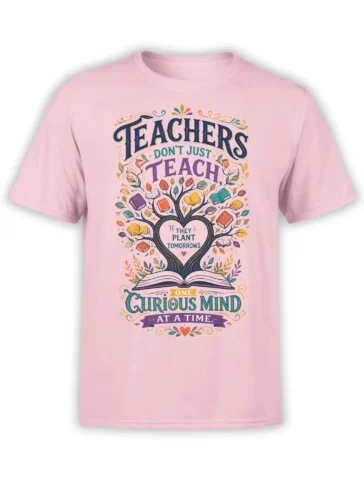 Pink teacher T-shirt with colorful books, a growth tree, and a curious mind message