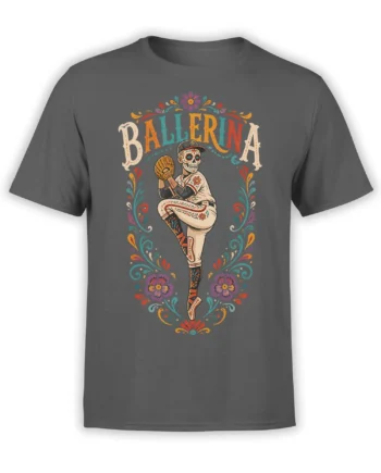 Gray T-shirt with a skull-faced ballerina, floral details, and colorful vintage “BALLERINA” lettering