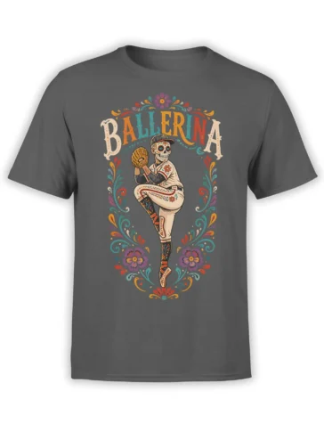 Gray T-shirt with a skull-faced ballerina, floral details, and colorful vintage “BALLERINA” lettering