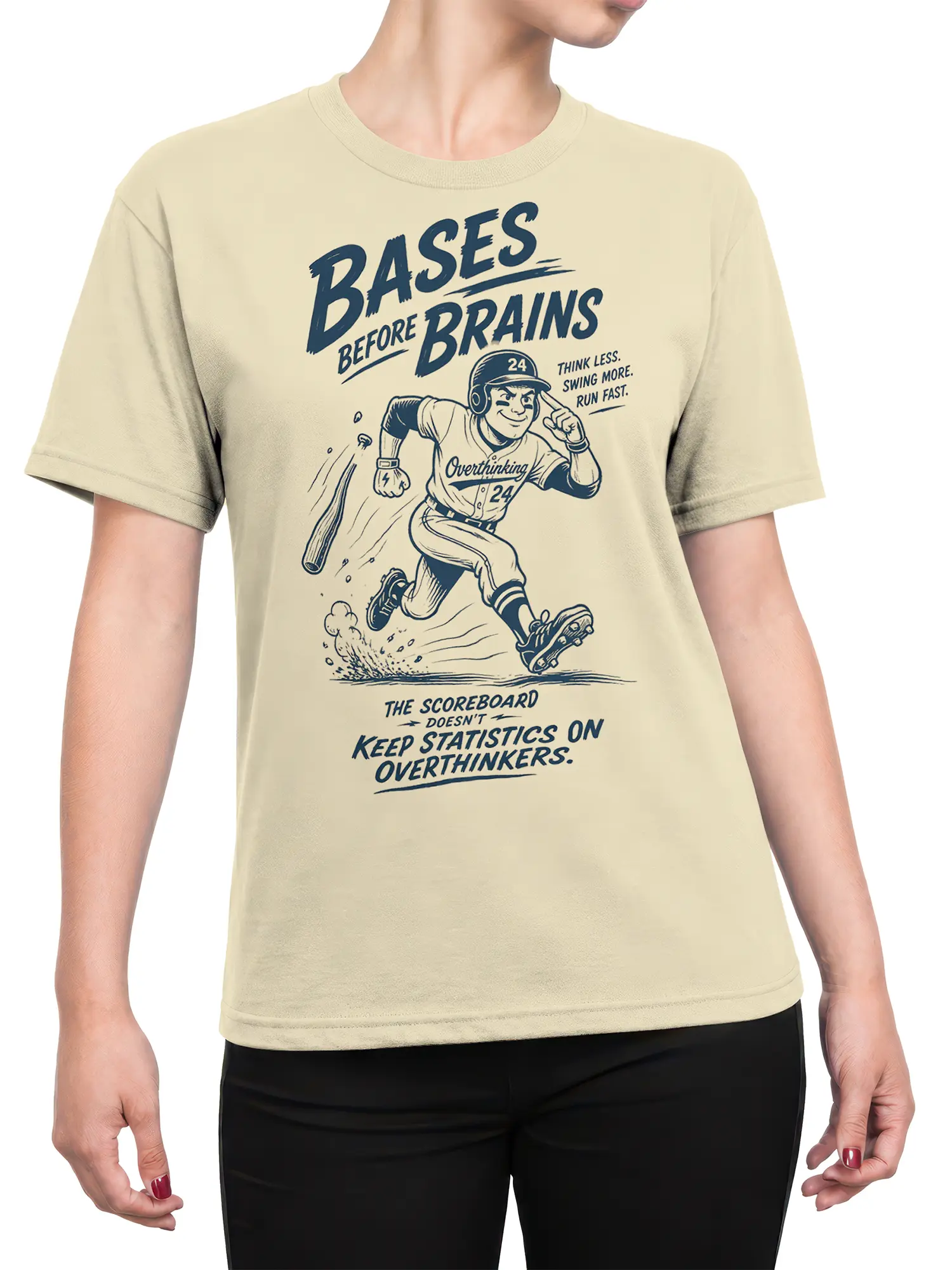 Female torso wearing a beige baseball T-shirt with a retro slugger and witty overthinking graphic