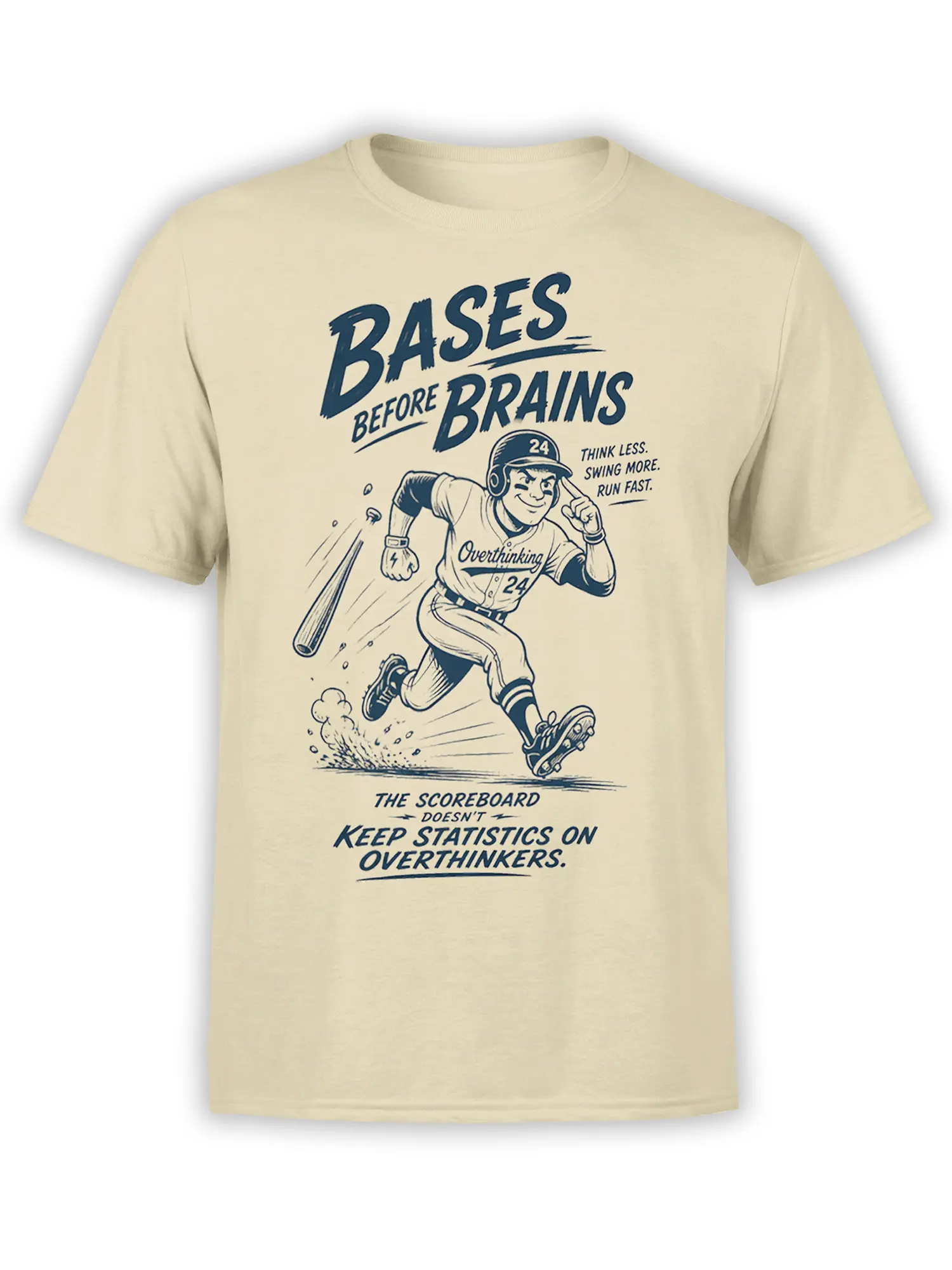 Beige baseball T-shirt with a retro player, flying bat, and “Bases Before Brains” overthinking slogan