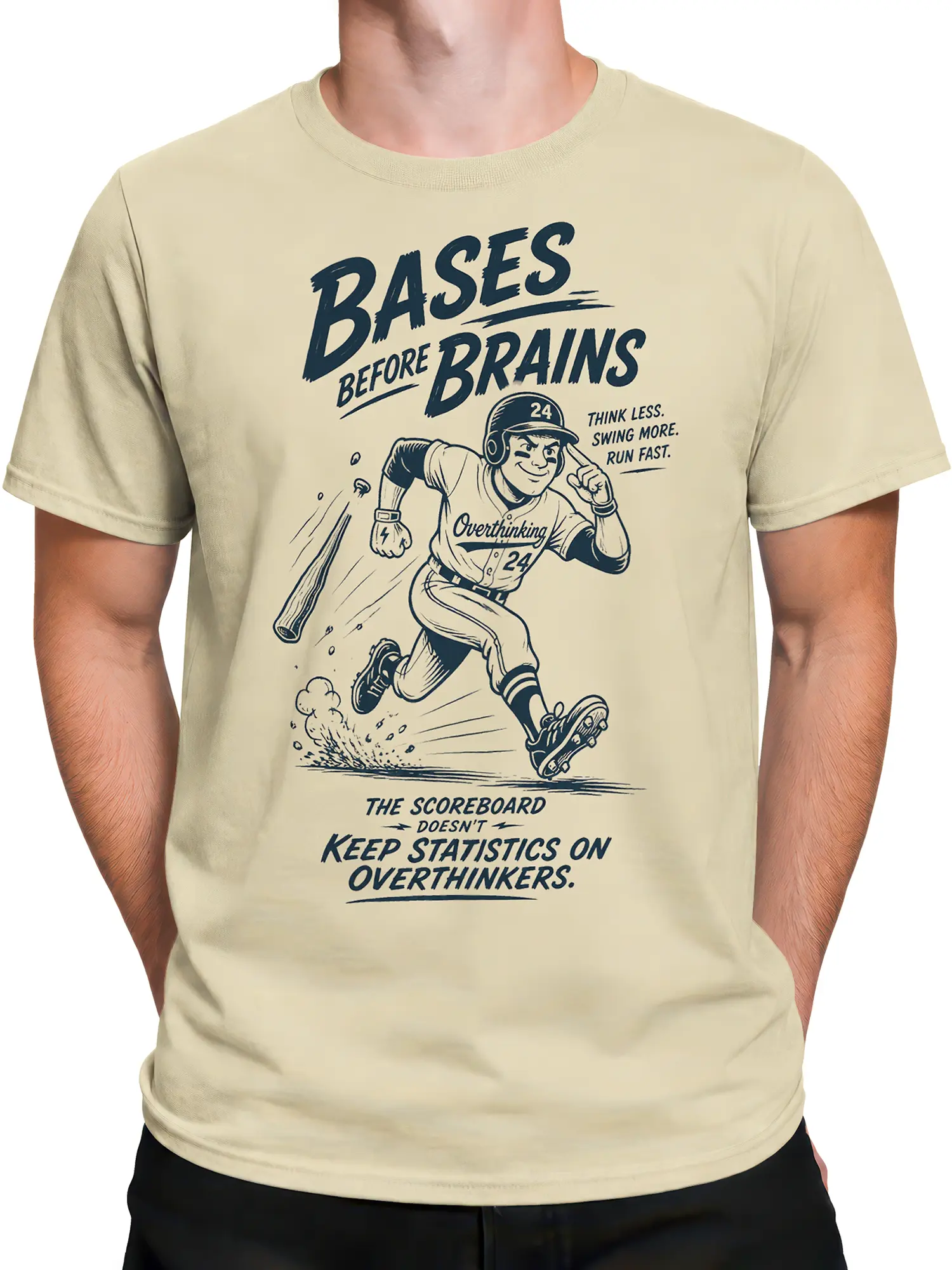 Male torso wearing a beige retro baseball T-shirt with a bold slugger illustration