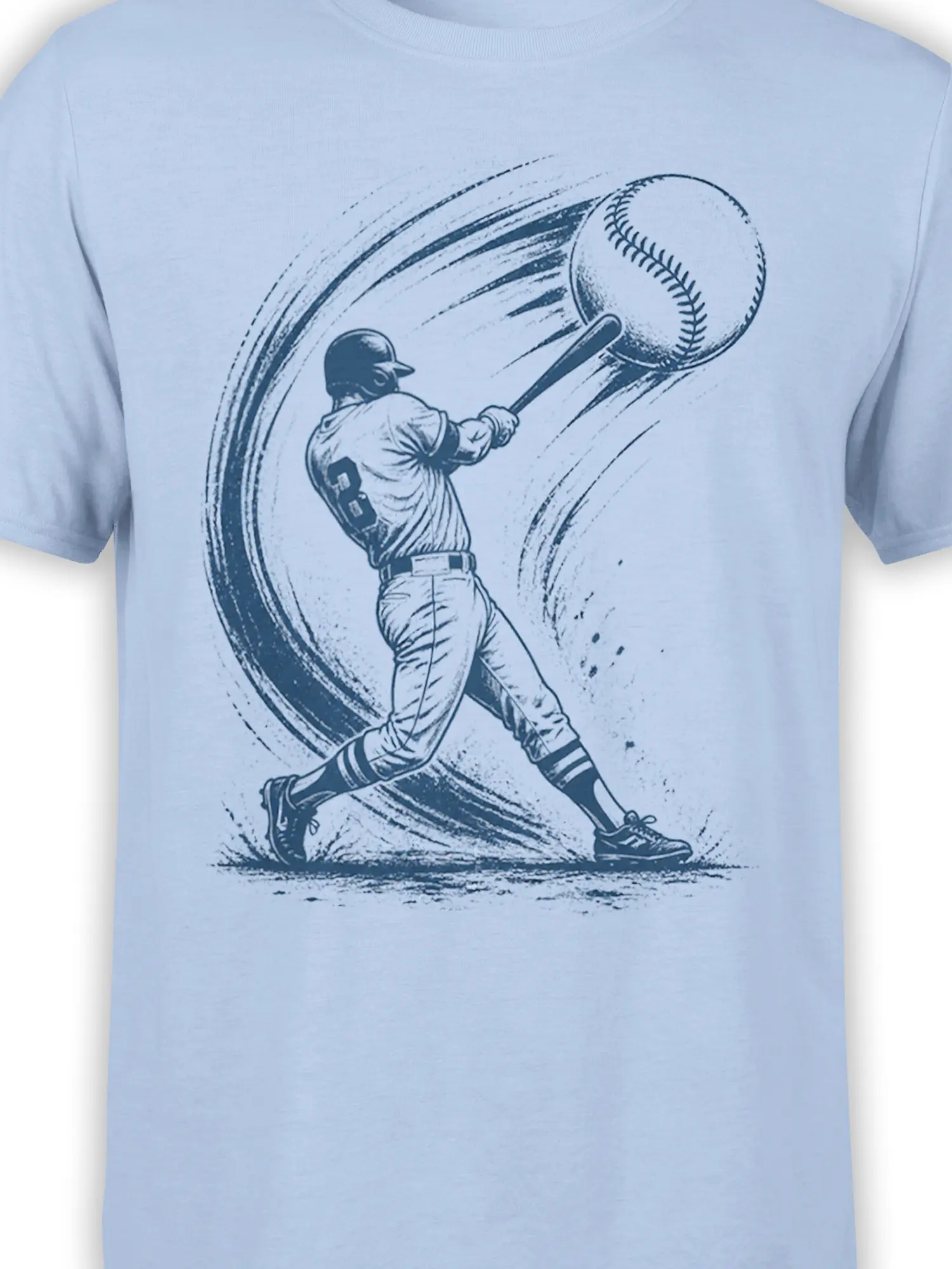 Close-up of vintage baseball batter and swinging bat graphic on a light blue T-shirt
