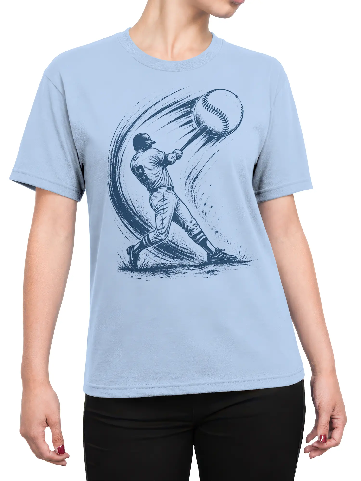 Female torso wearing a light blue T-shirt with a vintage baseball batter graphic