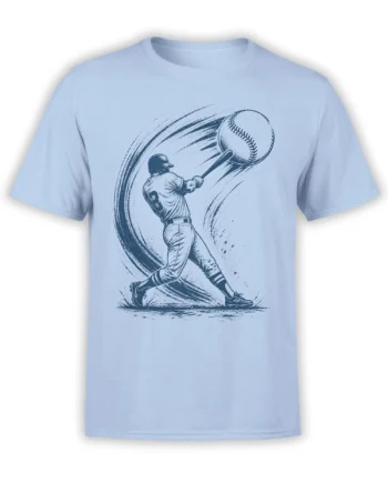 Vintage baseball batter swinging at a large baseball on a light blue T-shirt