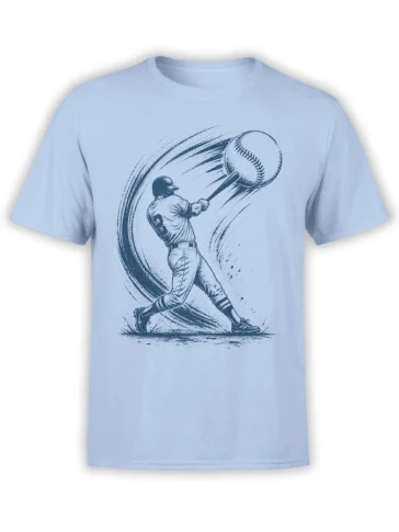 Vintage baseball batter swinging at a large baseball on a light blue T-shirt