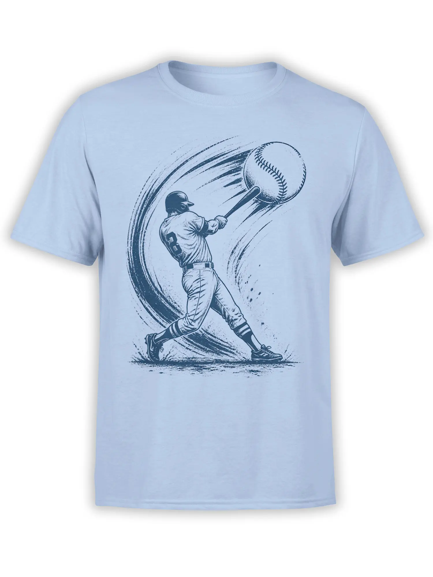 Vintage baseball batter swinging at a large baseball on a light blue T-shirt