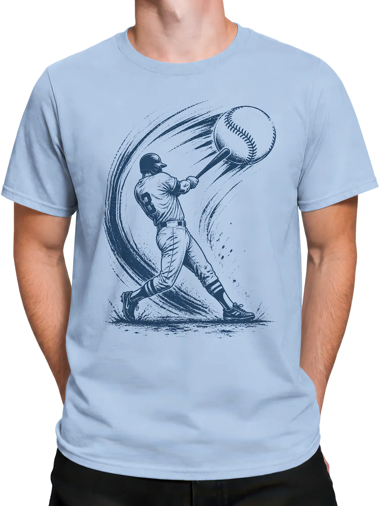 Male torso wearing a light blue T-shirt with a vintage baseball batter graphic