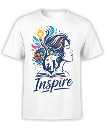 White inspirational T-shirt with a woman profile, colorful tree, open book, lightbulb, and Inspire lettering