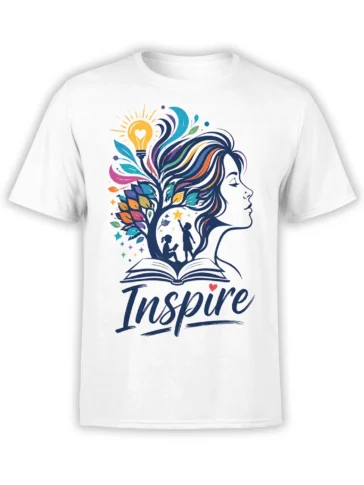 White inspirational T-shirt with a woman profile, colorful tree, open book, lightbulb, and Inspire lettering