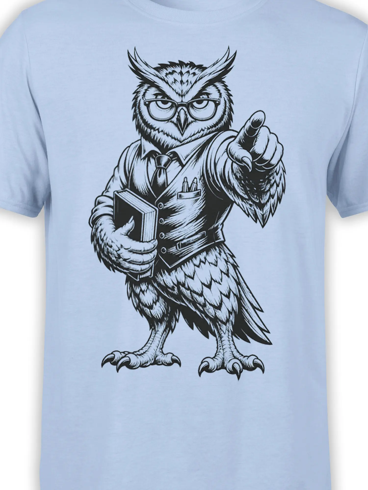 Close-up of scholarly owl in glasses holding a book on a light blue T-shirt