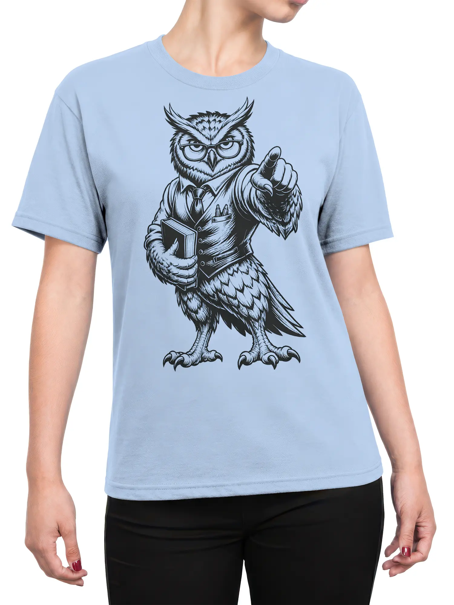 Female torso wearing a light blue T-shirt with a scholarly owl book graphic