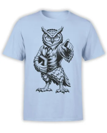Scholarly owl graphic wearing glasses, a vest, and tie on a light blue T-shirt