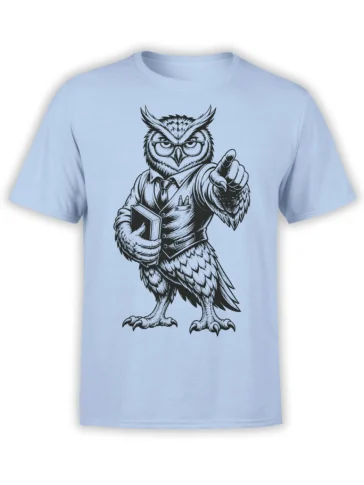 Scholarly owl graphic wearing glasses, a vest, and tie on a light blue T-shirt