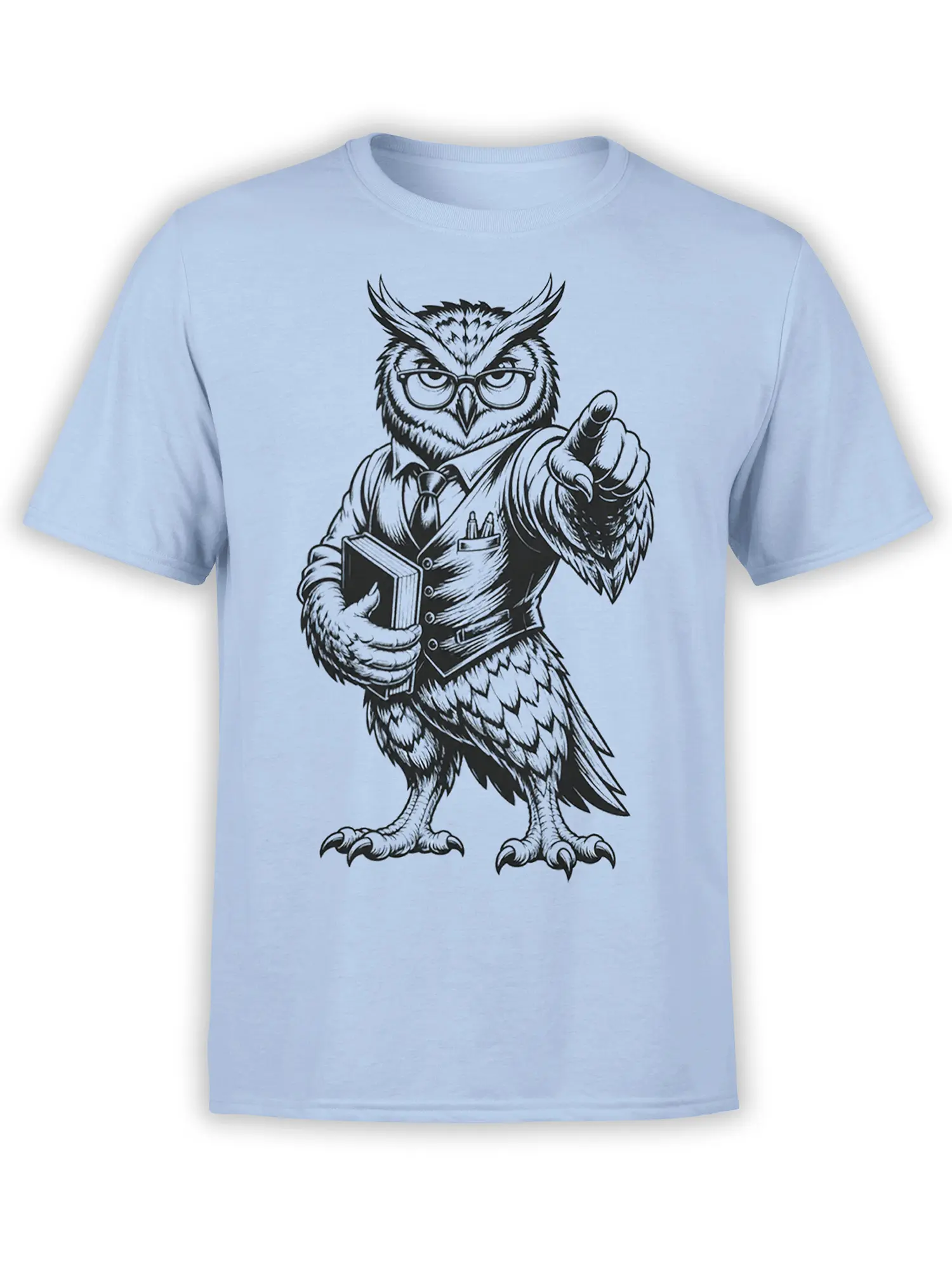Scholarly owl graphic wearing glasses, a vest, and tie on a light blue T-shirt