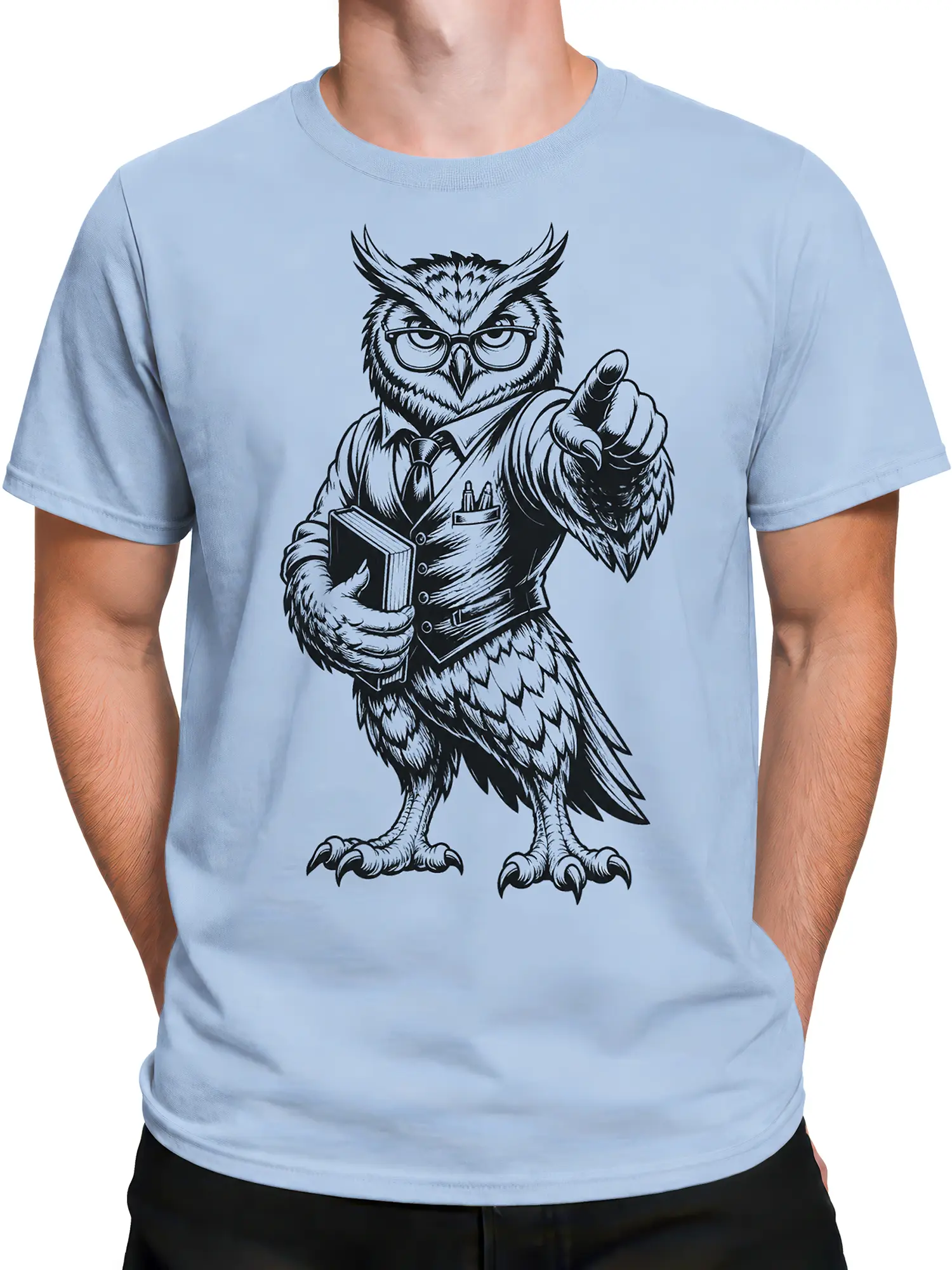 Male torso wearing a light blue T-shirt with a pointing owl graphic