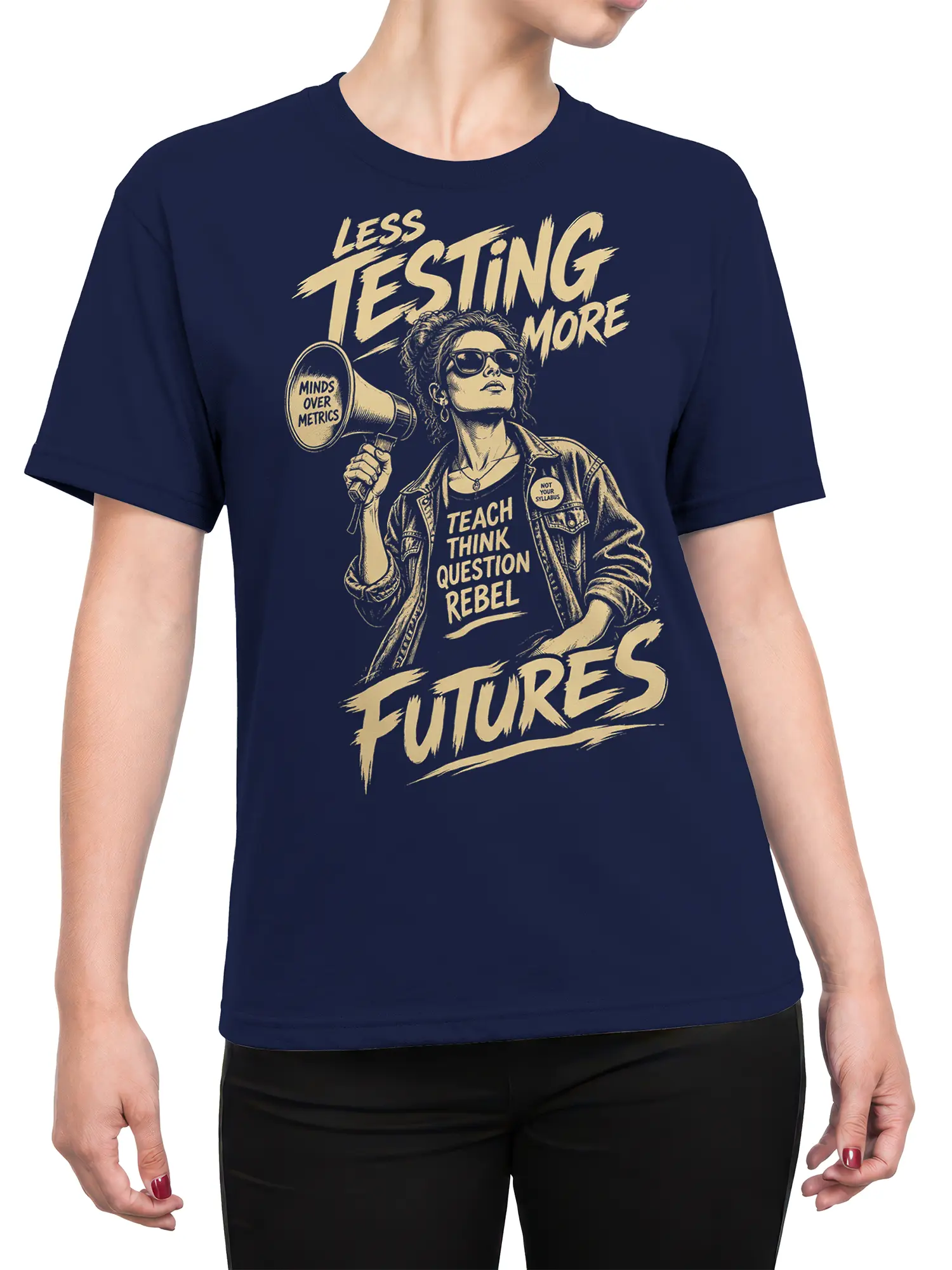 Female torso wearing navy rebel teacher T-shirt with vintage education artwork and megaphone design