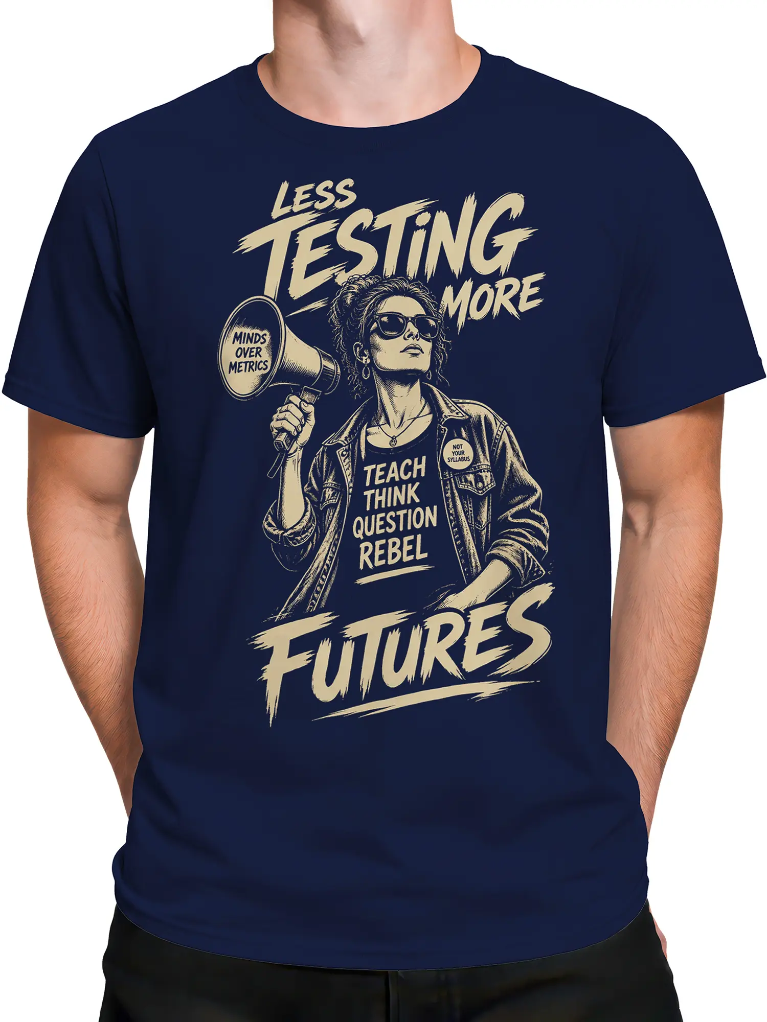 Male torso wearing navy teacher T-shirt with less testing more futures graphic design