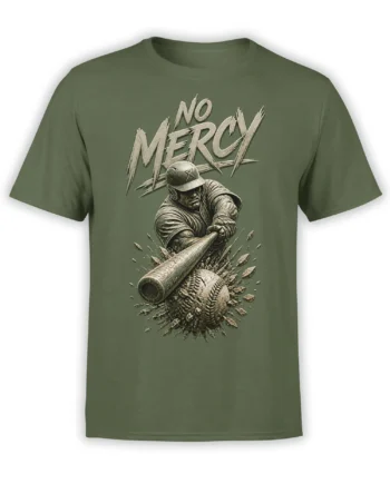Green baseball T-shirt with a gritty batter swinging a bat beneath bold distressed No Mercy lettering