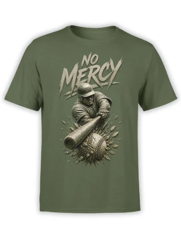 Green baseball T-shirt with a gritty batter swinging a bat beneath bold distressed No Mercy lettering