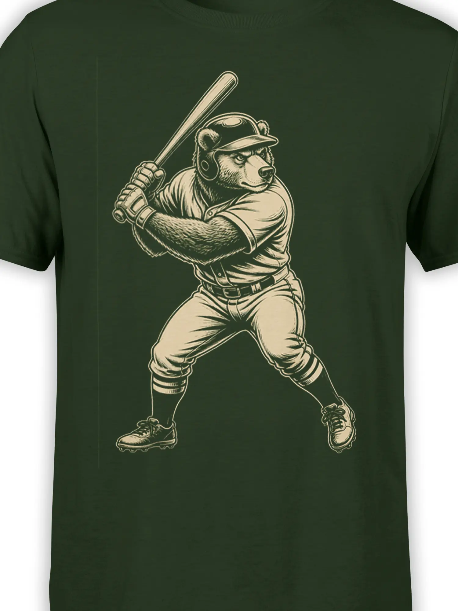 Close-up of the bear baseball player and bat printed in cream on dark green fabric