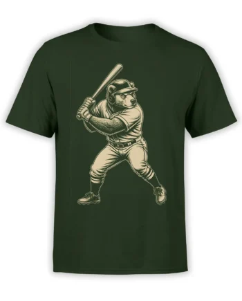 Vintage bear baseball player gripping a bat on a dark green graphic T-shirt