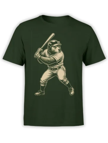 Vintage bear baseball player gripping a bat on a dark green graphic T-shirt
