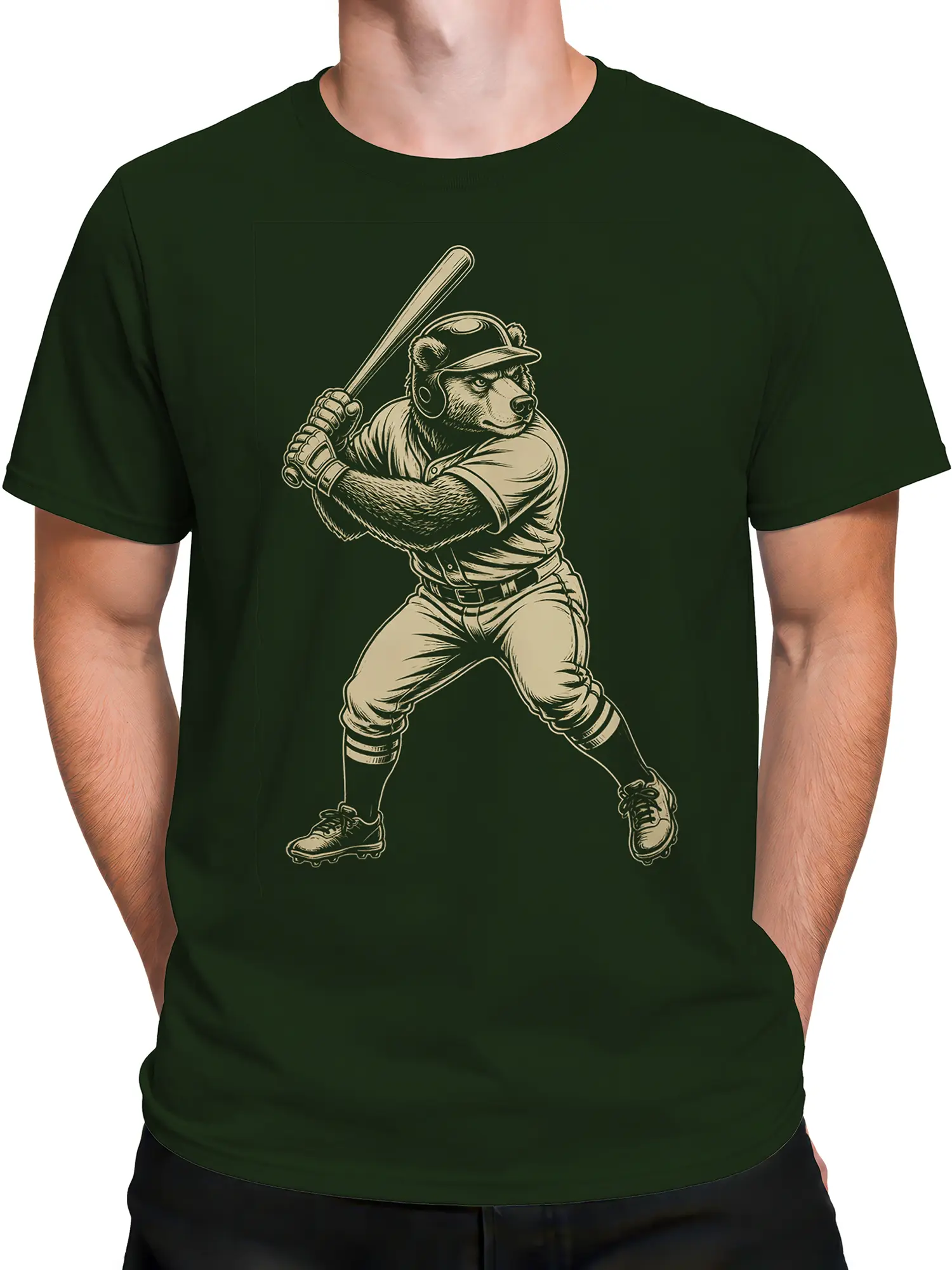 Male torso wearing a dark green vintage bear baseball T-shirt with cream artwork