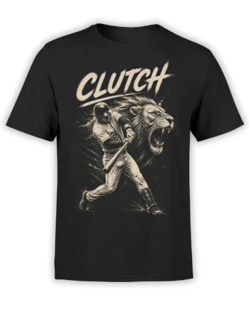 Black baseball shirt with cream CLUTCH lettering, a batter swinging, and a roaring lion graphic