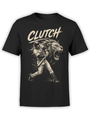 Black baseball shirt with cream CLUTCH lettering, a batter swinging, and a roaring lion graphic