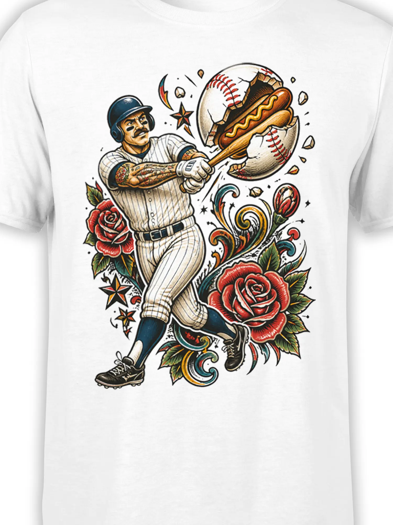 Close-up of vintage baseball slugger artwork with a hot dog inside a broken baseball on a white shirt