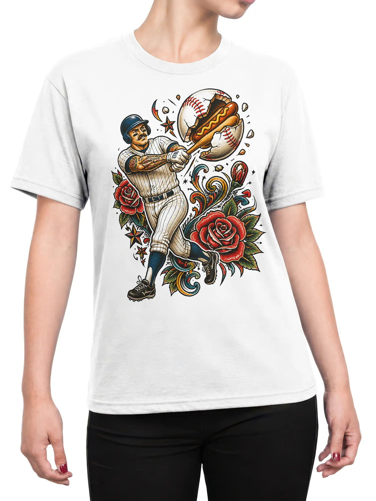 Female torso wearing a white baseball T-shirt with slugger, hot dog, roses, and vintage tattoo artwork