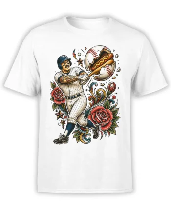 White baseball t-shirt with tattoo-style slugger, shattered baseball, hot dog, red roses, and colorful flourishes