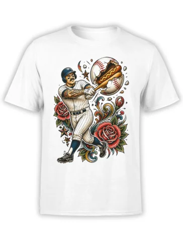White baseball t-shirt with tattoo-style slugger, shattered baseball, hot dog, red roses, and colorful flourishes