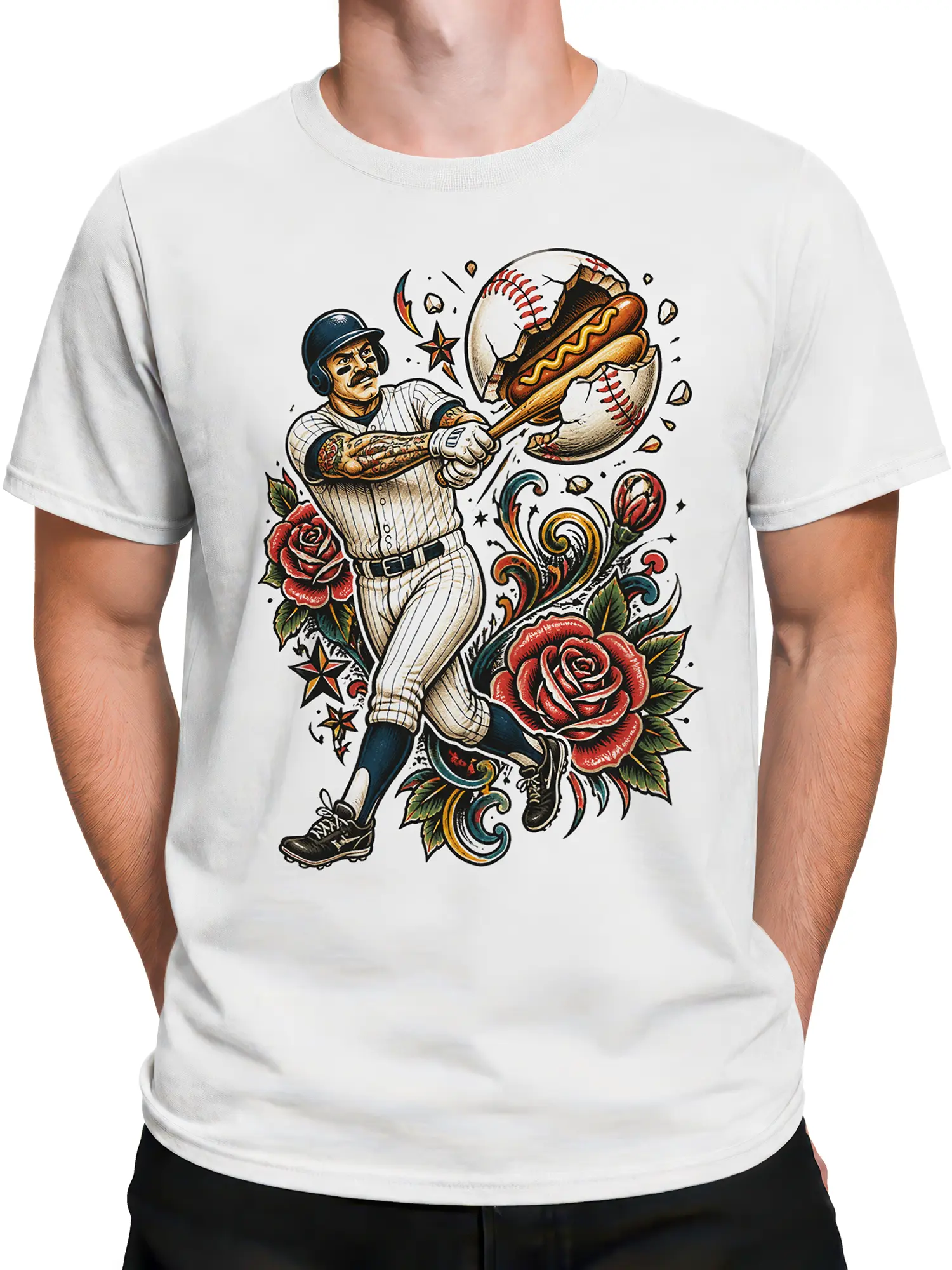 Male torso wearing a white baseball T-shirt with a vintage slugger and hot dog graphic