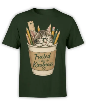 Green cat T-shirt with a sleepy gray cat in glasses, pencils, and a Fueled by Kindness message