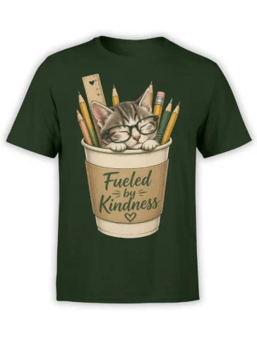 Green cat T-shirt with a sleepy gray cat in glasses, pencils, and a Fueled by Kindness message