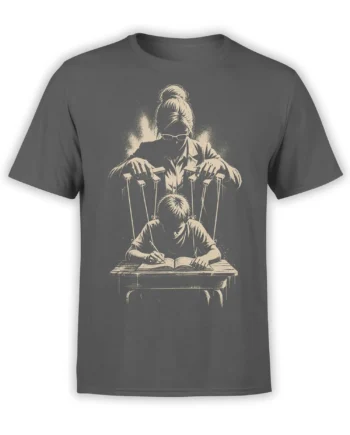 Gray puppeteer T-shirt with vintage illustration of a woman controlling a student by marionette strings