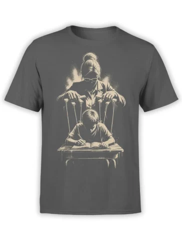 Gray puppeteer T-shirt with vintage illustration of a woman controlling a student by marionette strings