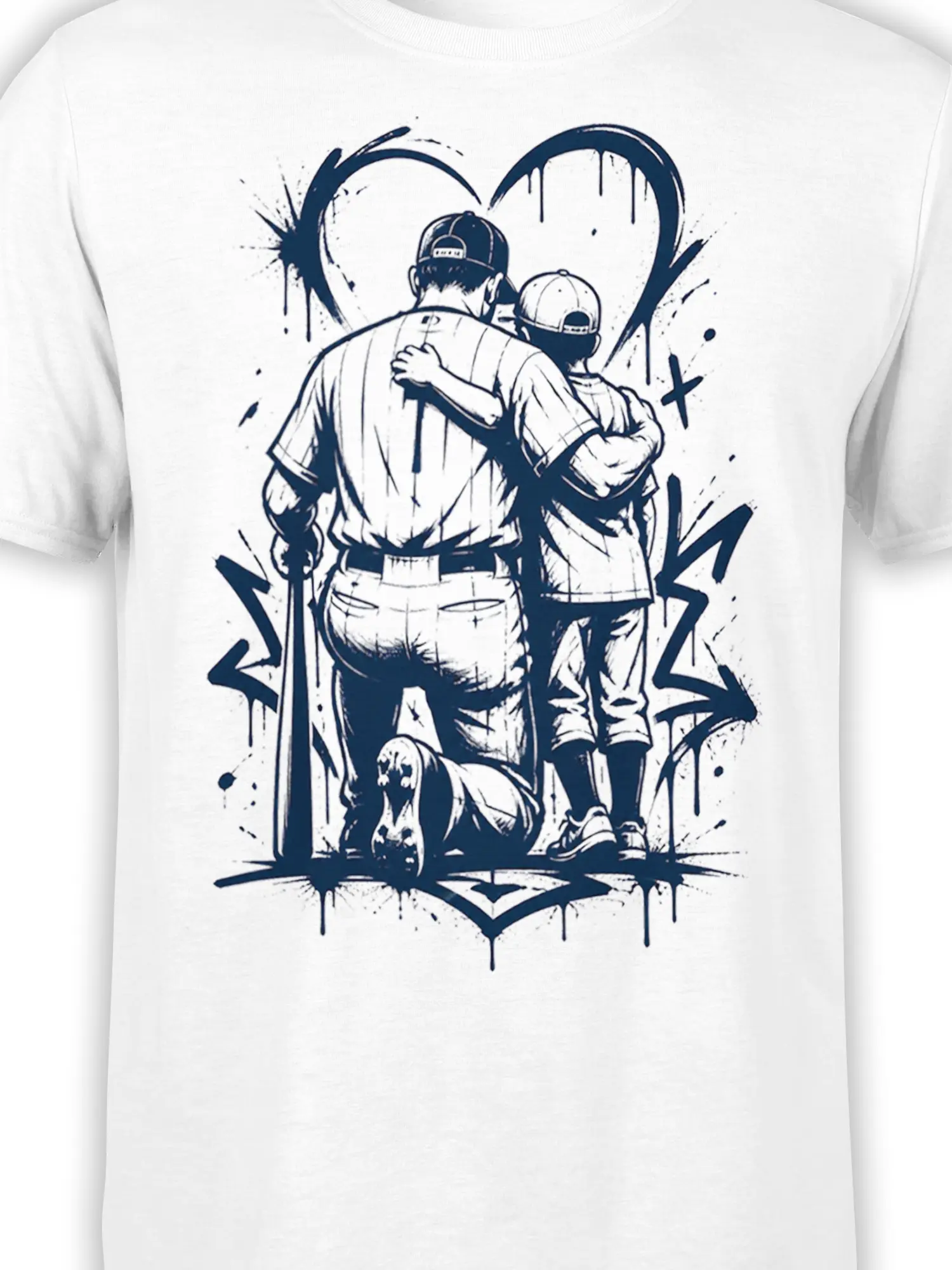 Close-up of two figures and navy graffiti heart artwork on a white friendship T-shirt