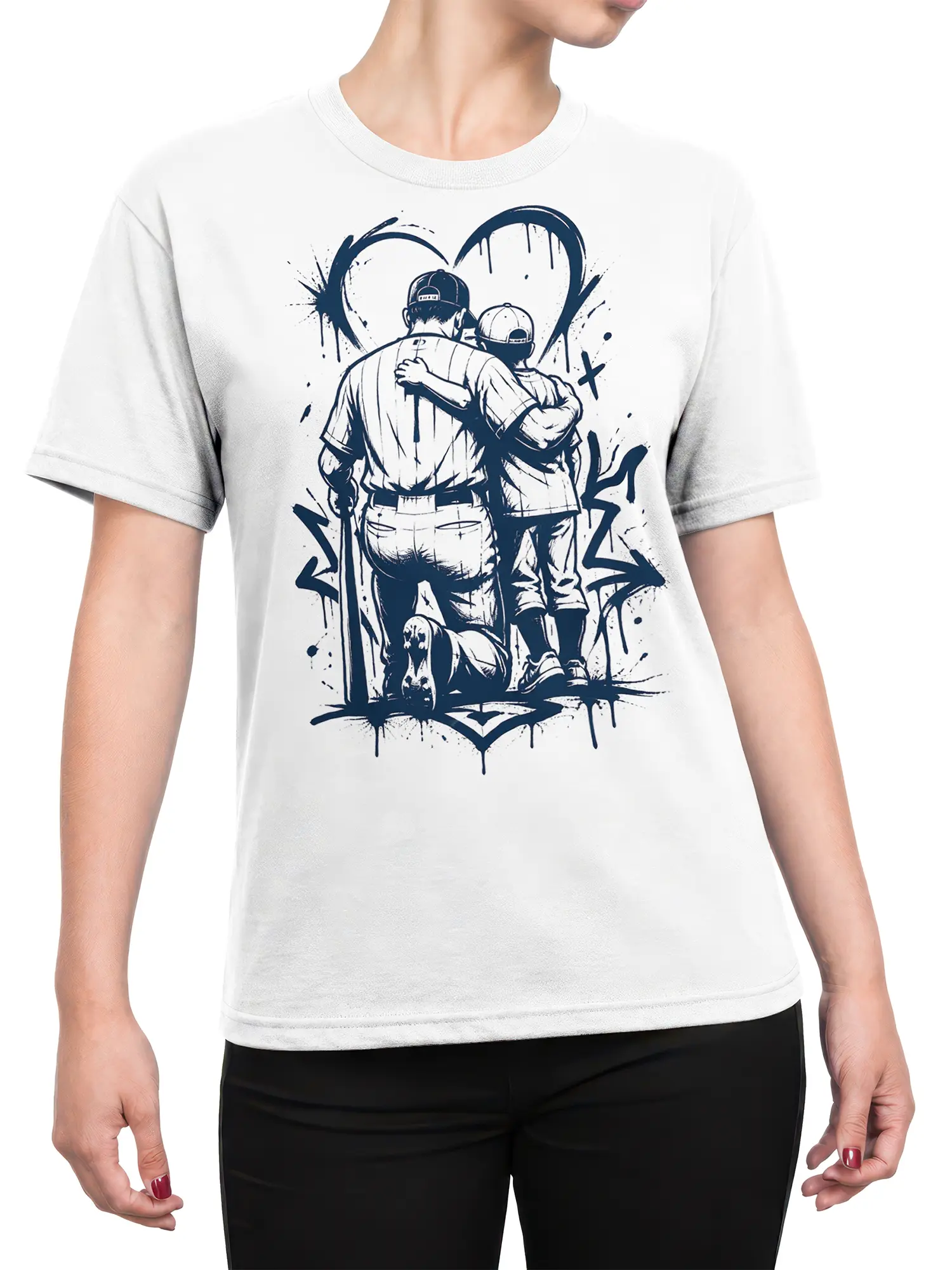 Female torso wearing a white friendship T-shirt with two figures and a navy heart design