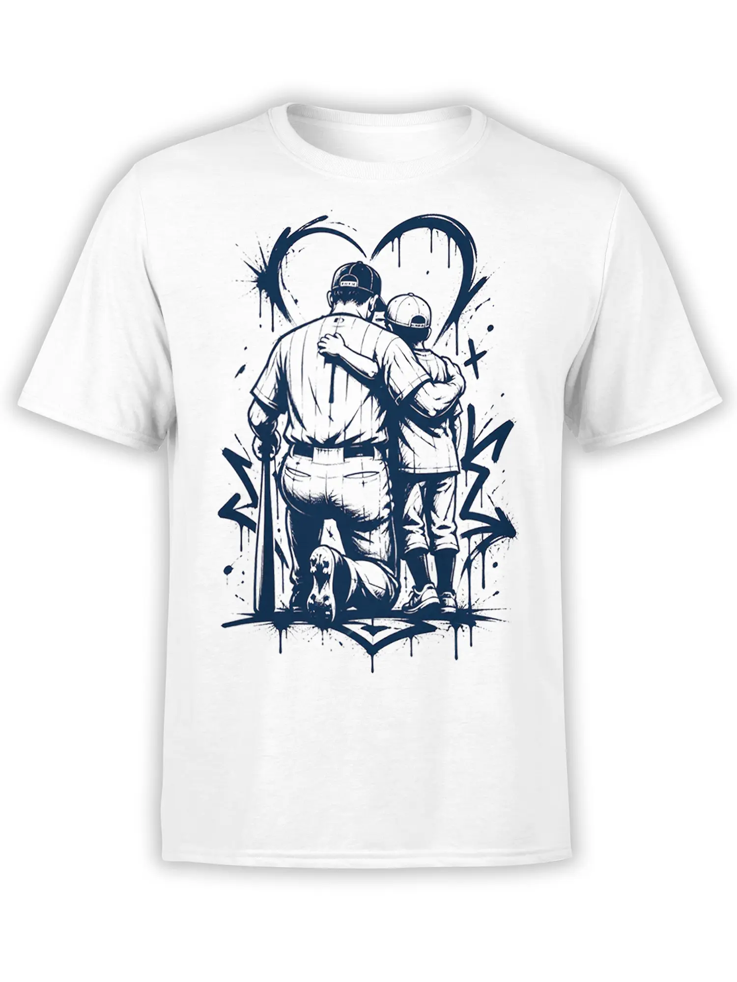 White friendship T-shirt with two figures walking beneath a large navy graffiti heart