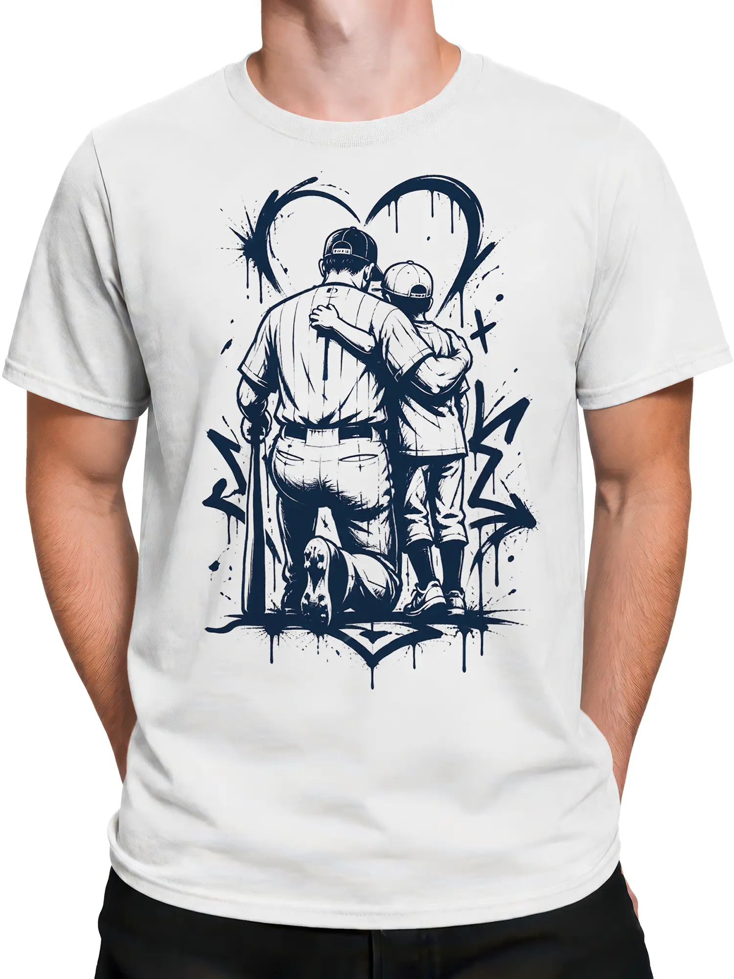 Male torso wearing a white friendship T-shirt with two figures beneath a navy heart